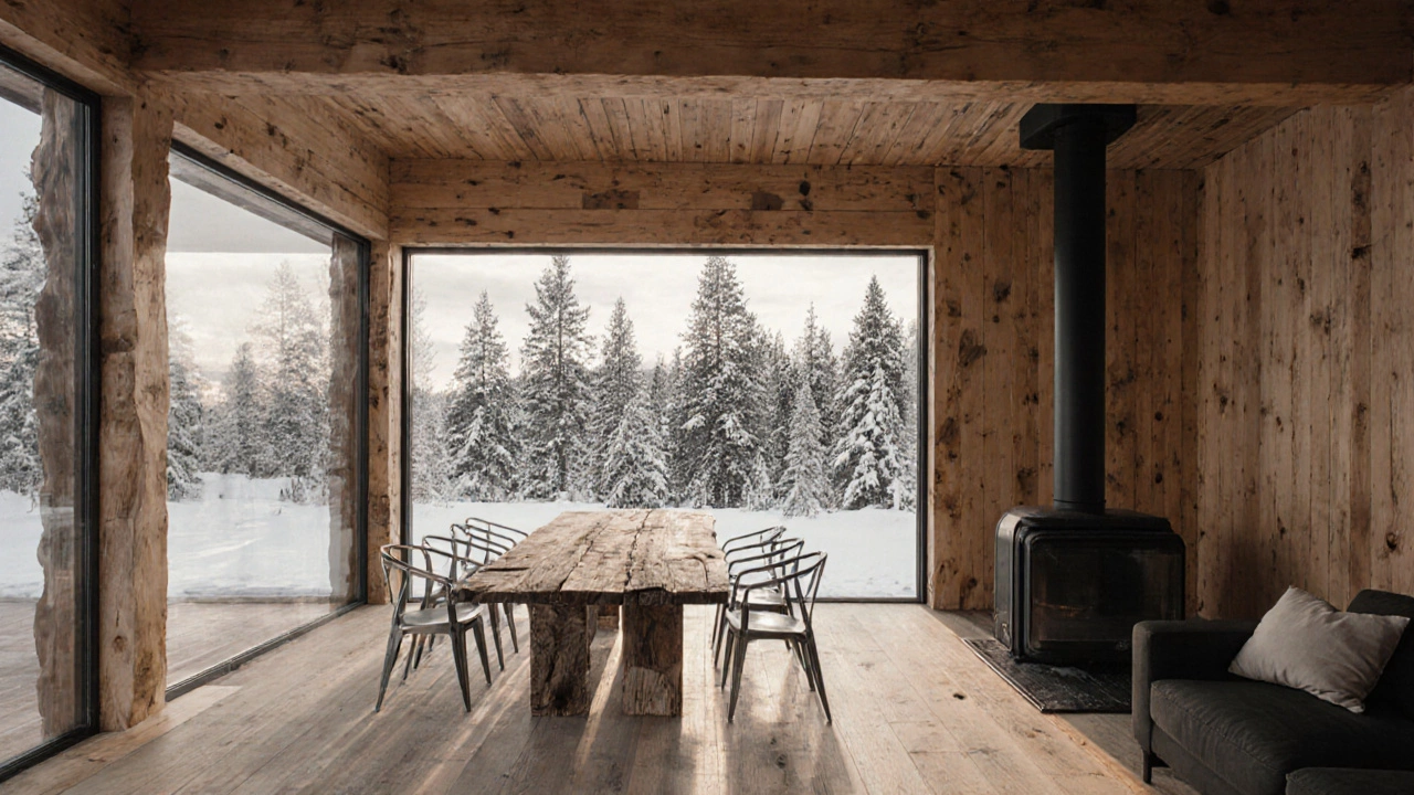 A cozy interior with timber walls, triple-glazed windows, and reclaimed furniture, glowing softly in natural light.