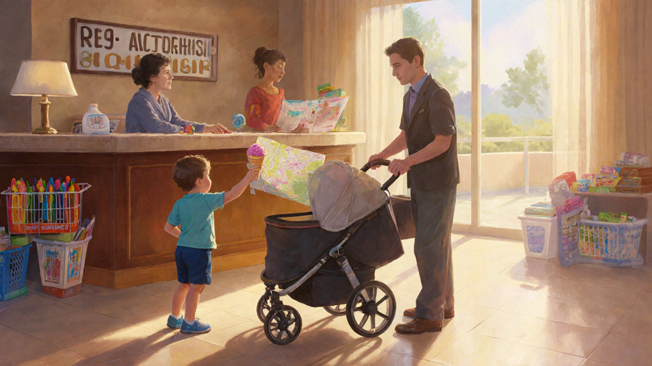 A hotel staff member offers a stroller and ice cream to a parent while kids play nearby.