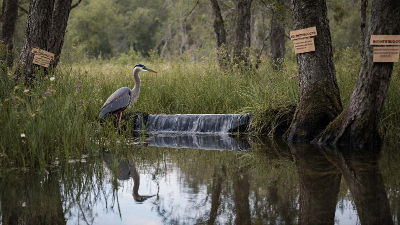 A restored wetland with beaver dam analogs, native plants, and a heron standing calmly in clear water.