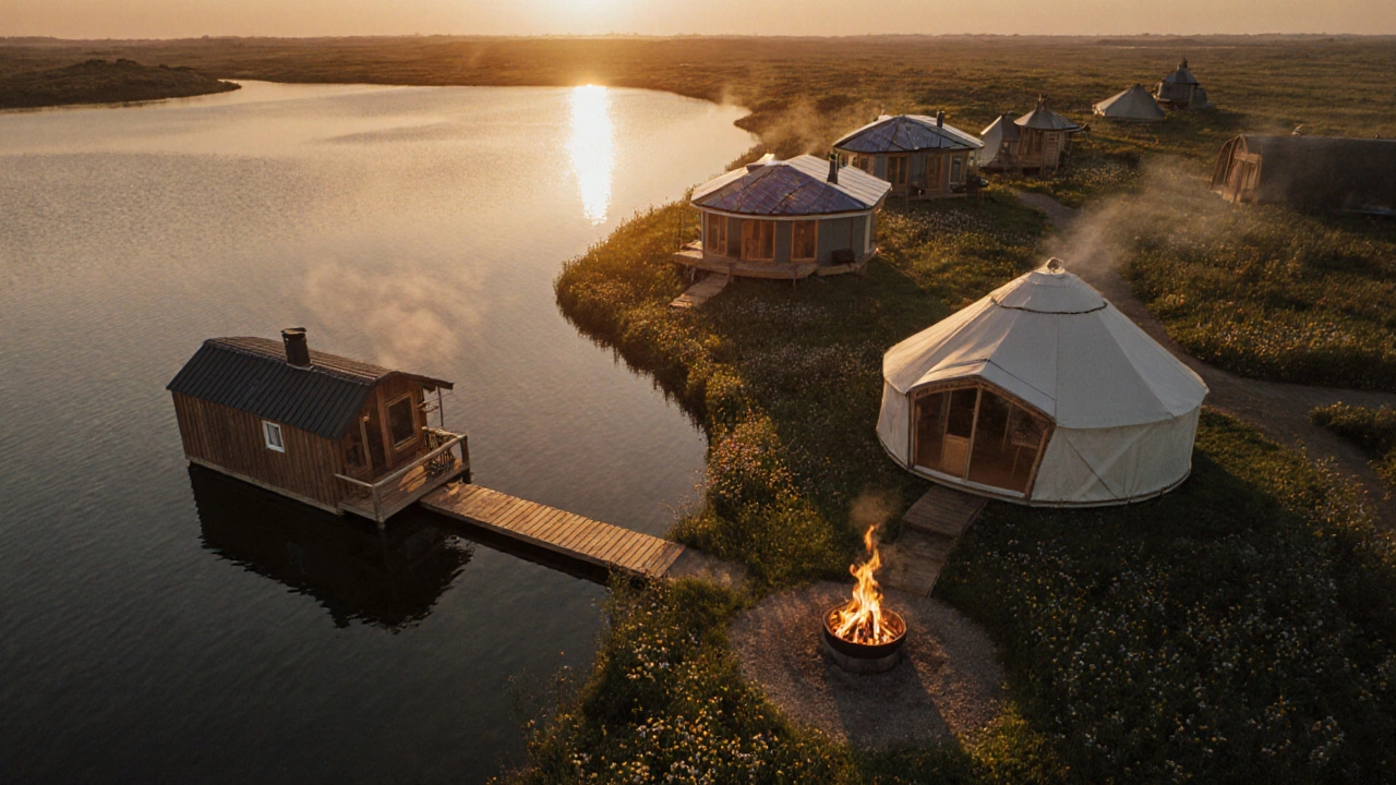 Aerial view of eco-friendly glamping sites with solar panels and lake cabin.
