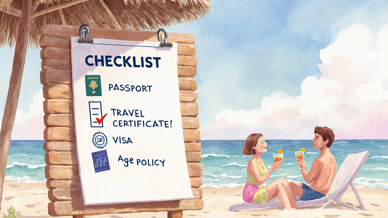 Beach lounge scene showing a checklist of travel items beside a relaxed couple.