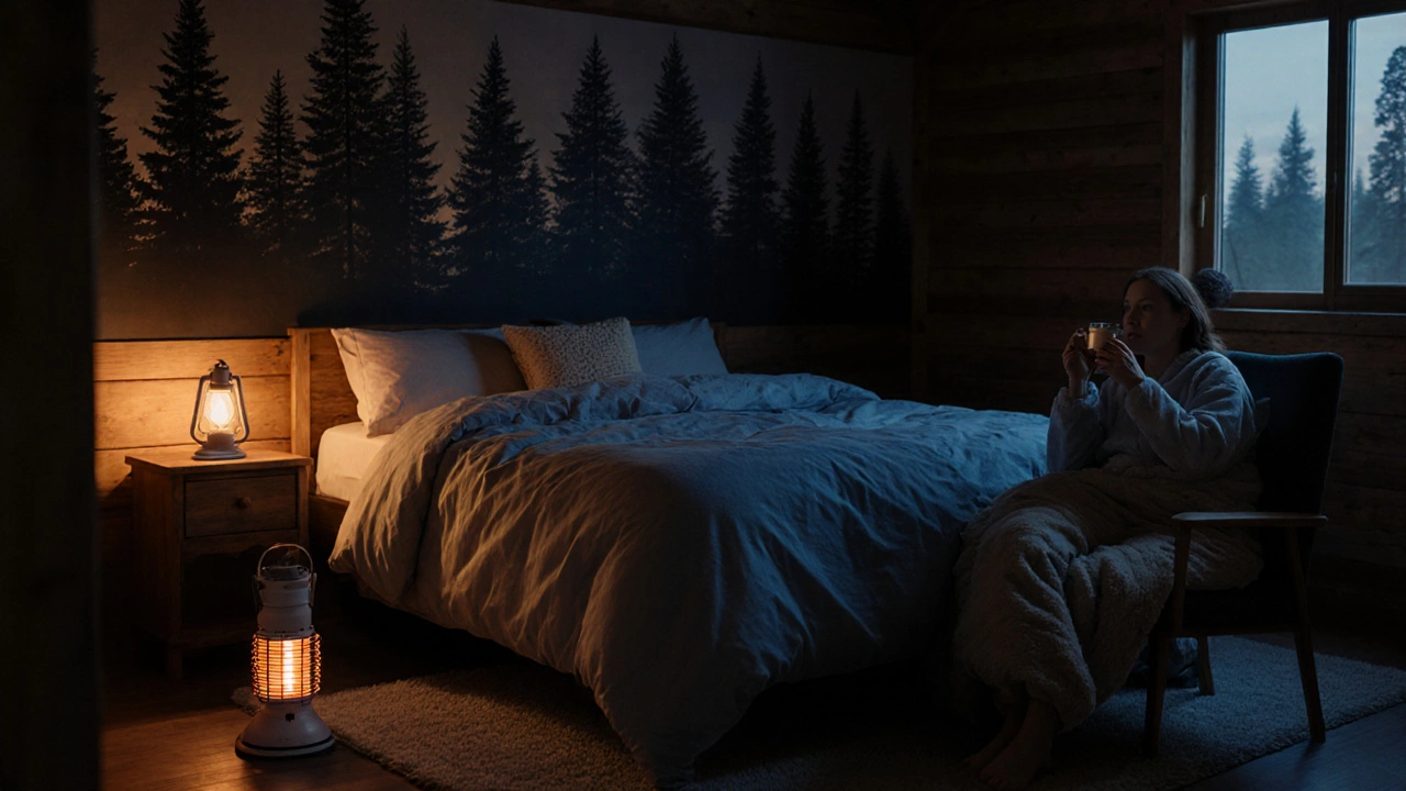 Cabin bedroom at dusk with a queen bed, heated sleeping bag, lamp, and a person sipping tea before sleep.