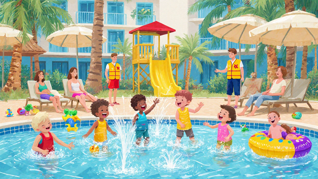 Children splashing in a safe hotel pool with shaded loungers and lifeguards nearby.
