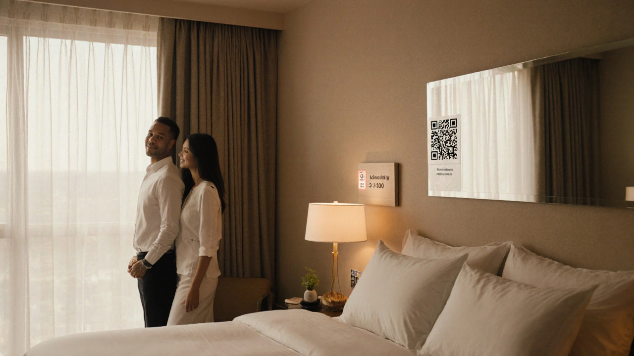 Clean hotel room showing hygiene stickers, fresh linens, and a satisfied couple.