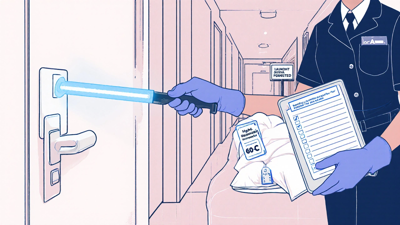 Cleaning staff sanitizing a hotel room using UV light and digital checklist.