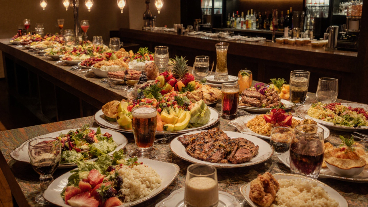 Colorful all‑inclusive buffet spread with dishes, drinks, and desserts.