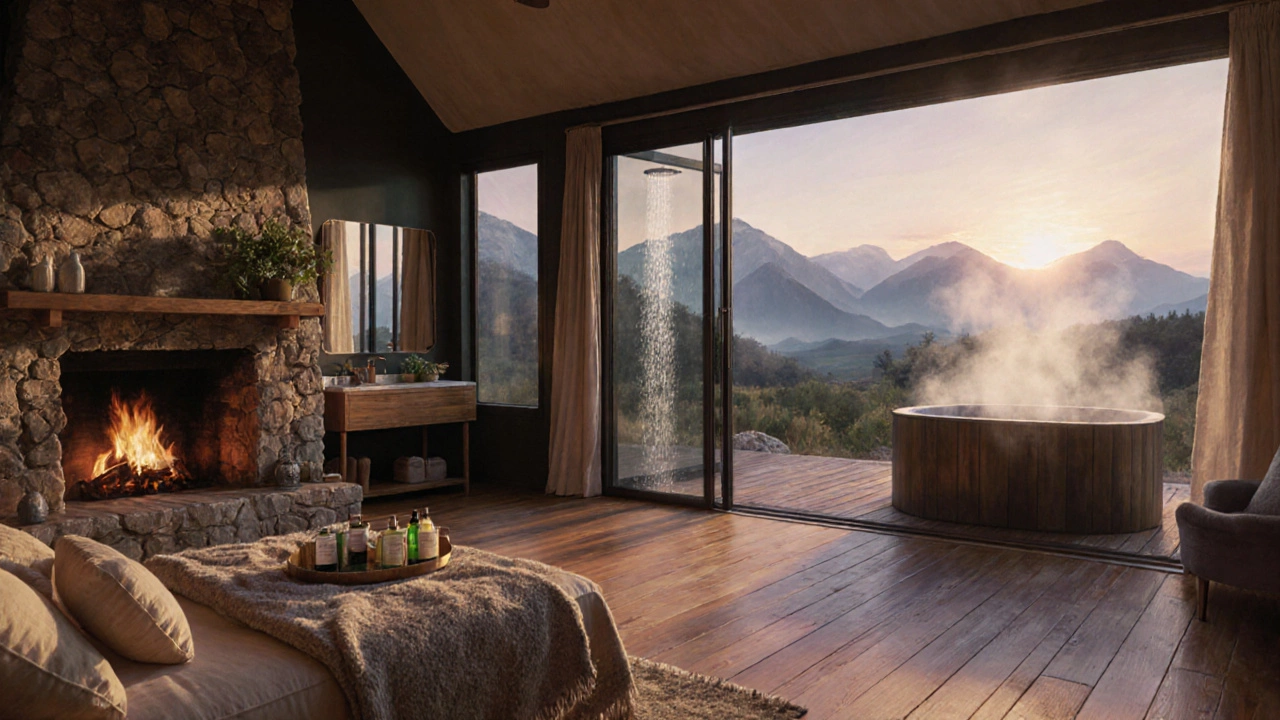 Cozy glamping cottage interior with fireplace and mountain view.
