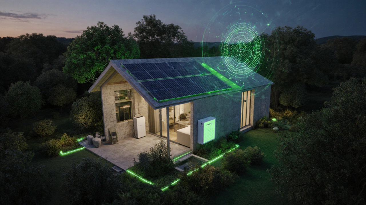 Futuristic cottage with hemp‑cement walls, hydrogen fuel cell, AI energy dashboard and carbon‑negative landscaping.