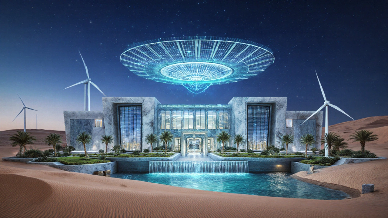 Futuristic desert eco‑cottage with solar glass, AI hologram, and lush terraces under twilight.