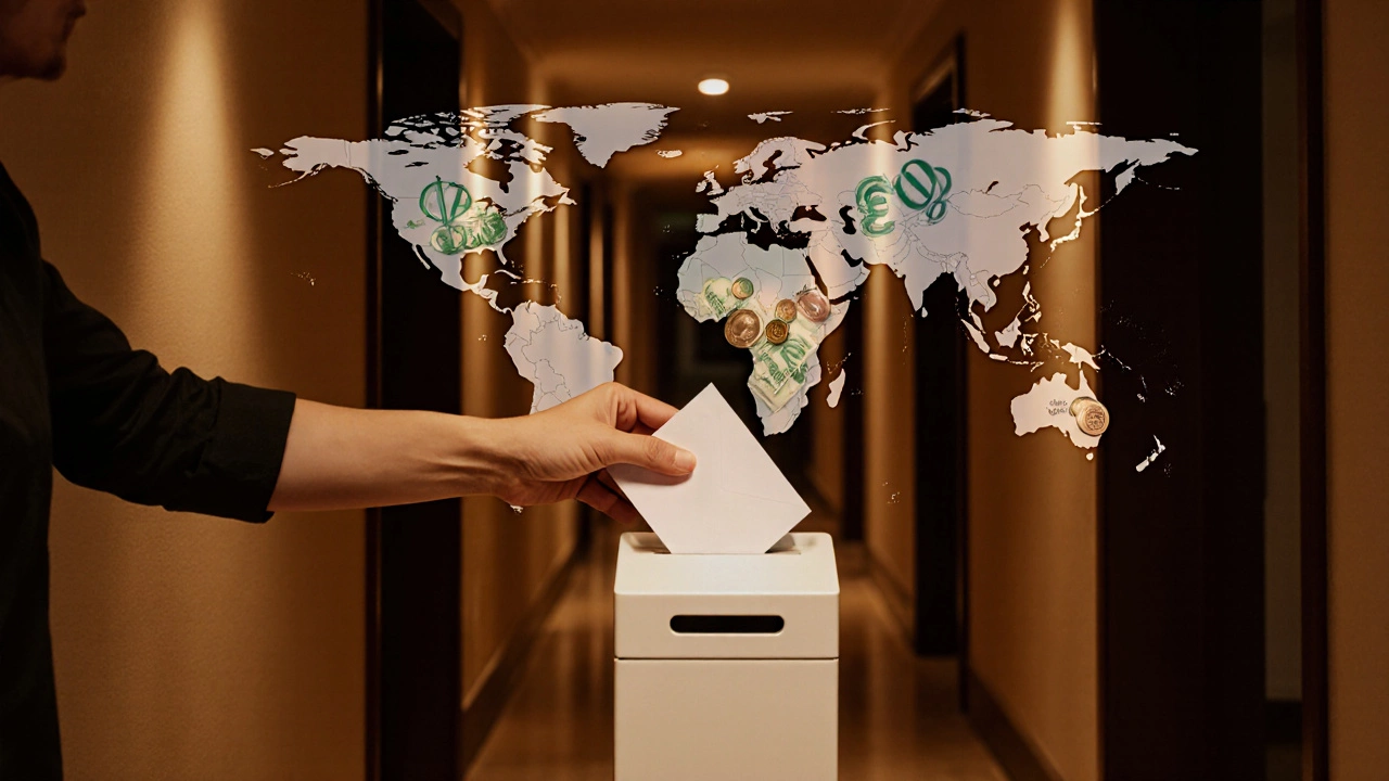 Guest placing a tip envelope into a hallway box, with a swirl forming a world map.