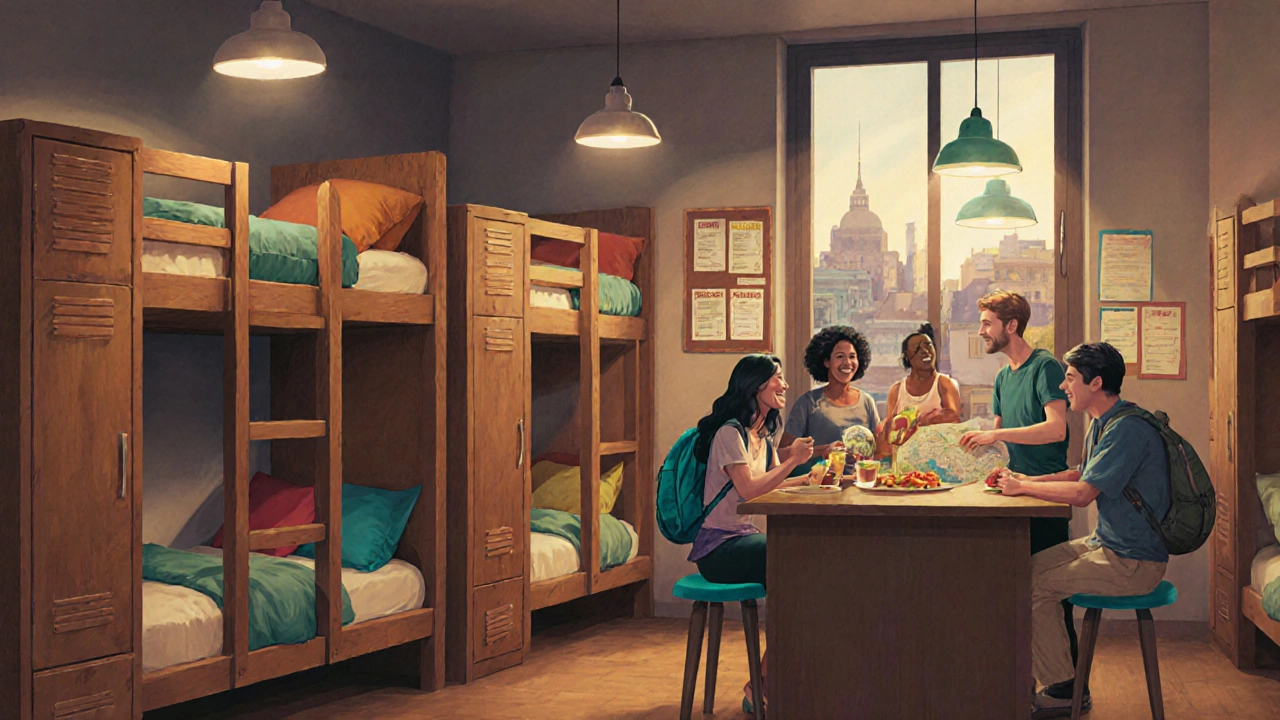 Hostel dorm interior showing bunk beds, lockers, communal kitchen and travelers cooking together.