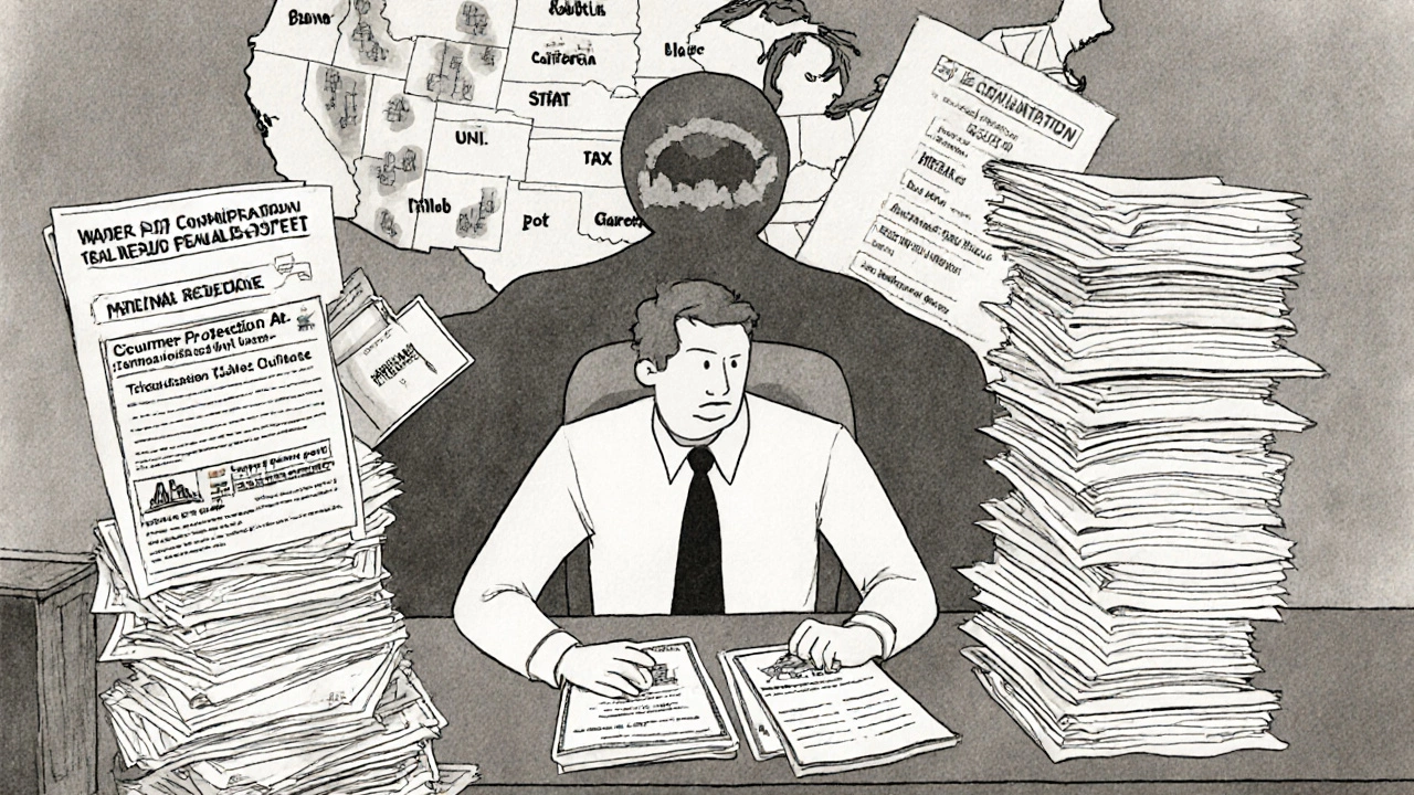 Hotel manager surrounded by regulatory documents and a US map showing tax icons.