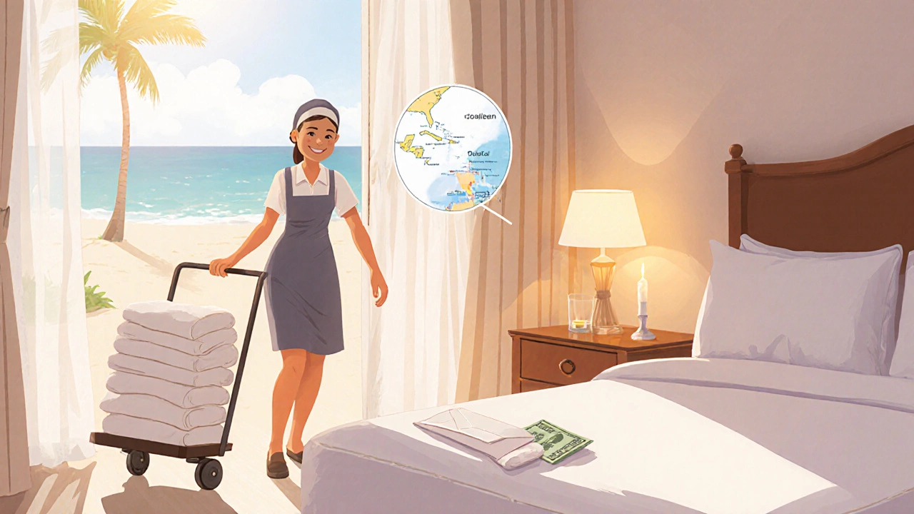 Housekeeper entering a beach suite with an envelope on the nightstand.