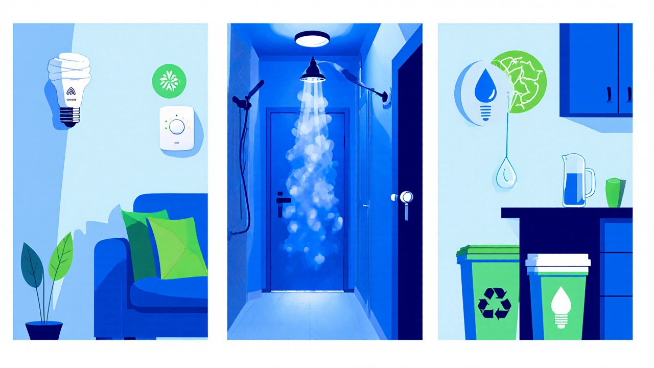 Illustrated rooms show LED lighting, smart thermostat, low‑flow shower, and recycling bins.