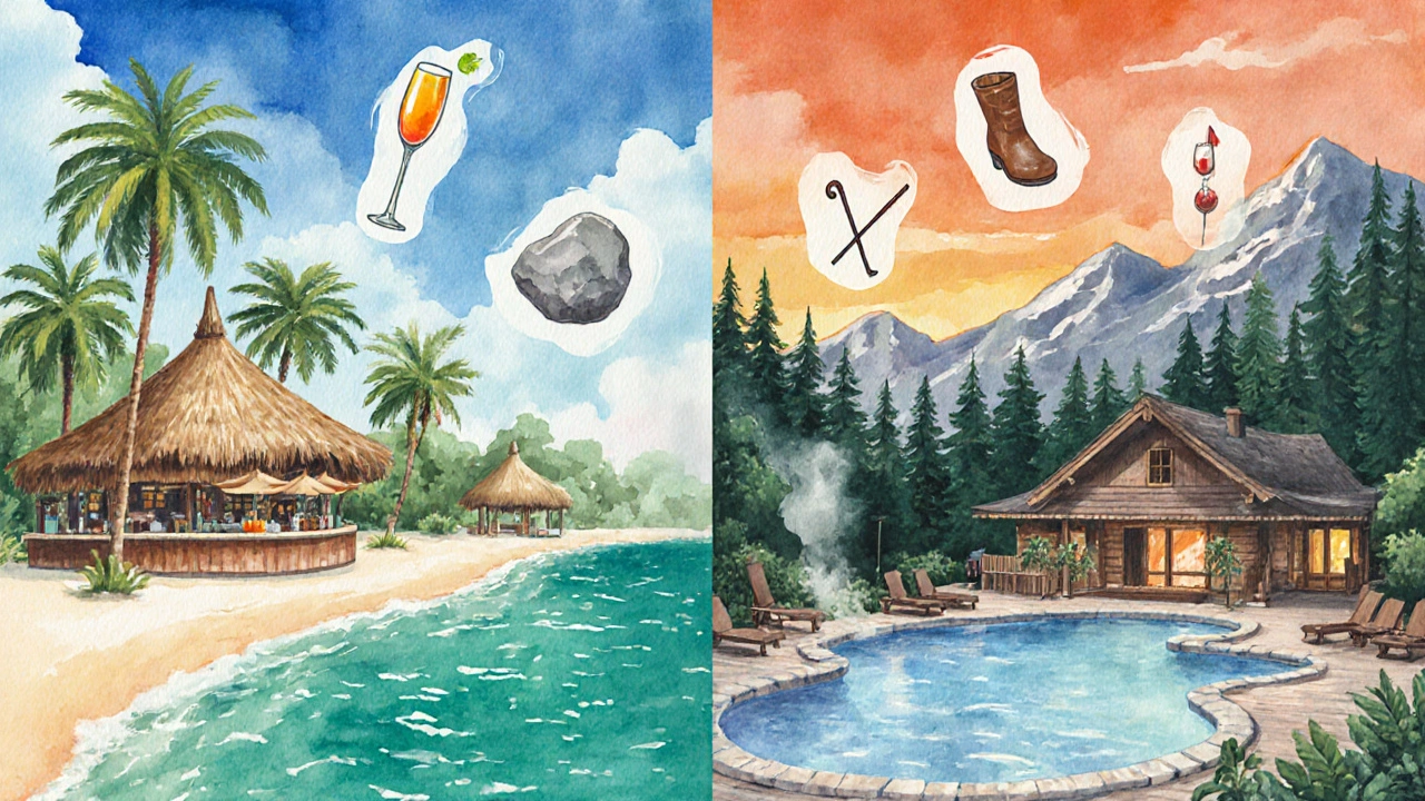 Illustrated scene showing beach and mountain resorts with icons for amenities.
