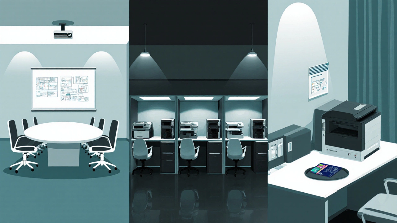 Illustrated split view showing meeting room, business center, and hotel room desk setup.