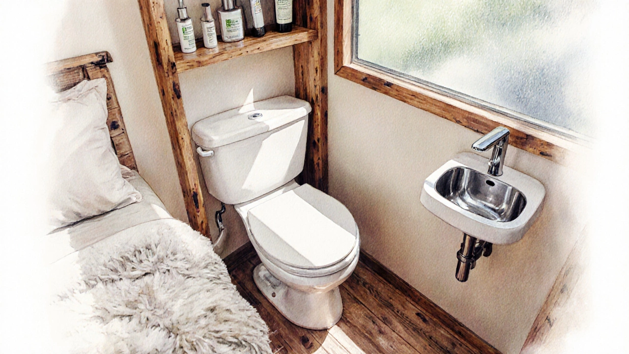 Interior of glamping pod showing a private flush toilet, sink, and bed.