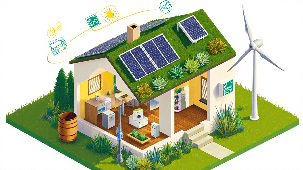 Isometric illustration of a green roof, solar panels, rainwater system, and smart home devices.