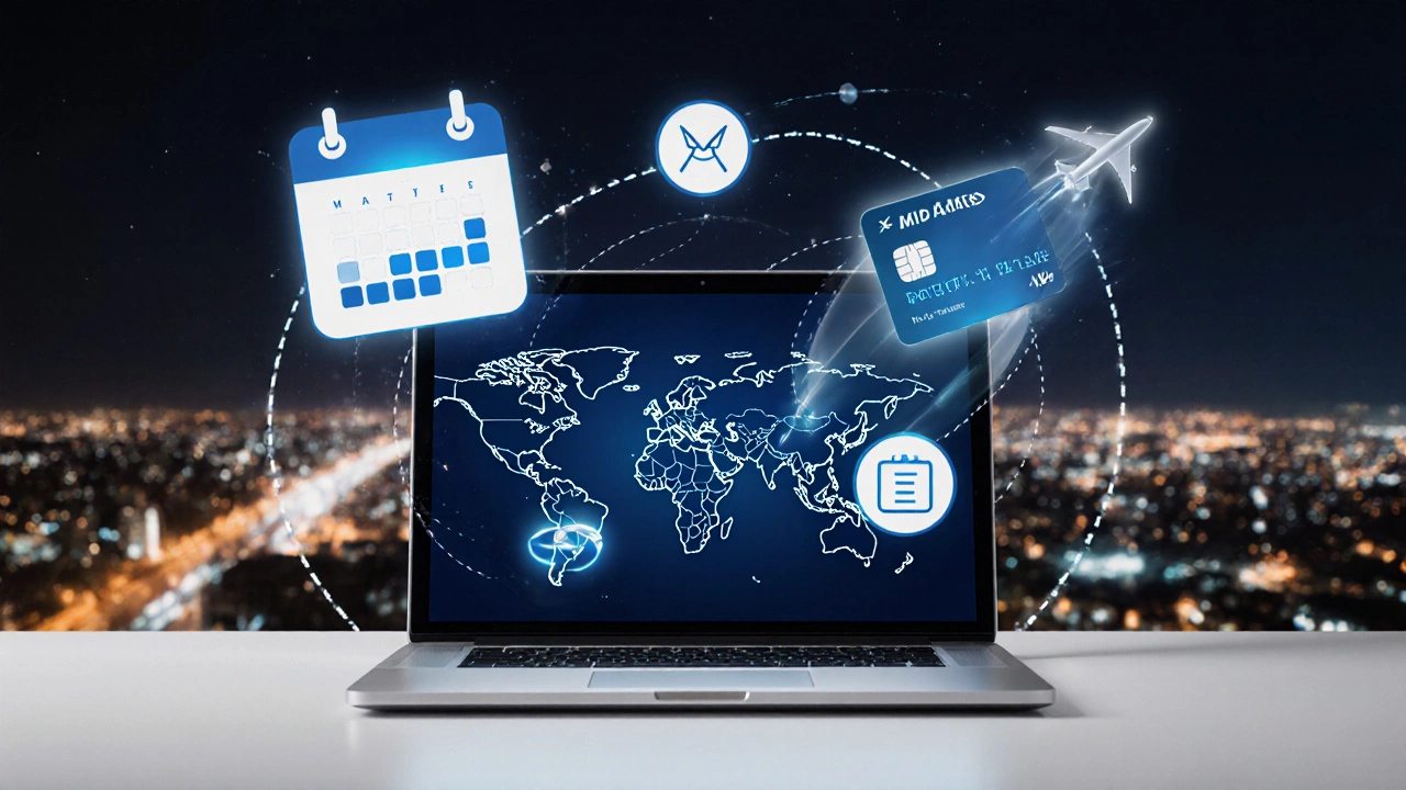 Laptop screen surrounded by floating price‑alert icons, calendar, credit‑card and map overlays.