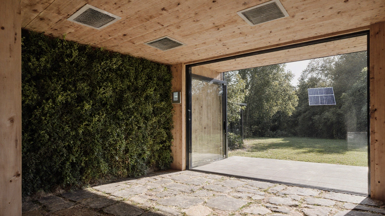Modern interior of a sustainable cottage with timber walls, green wall, and visible solar panels.