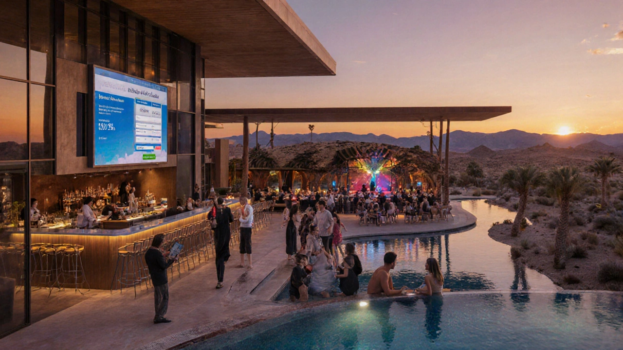 Modern Nevada resort with digital screens showing bundled pricing and happy guests.