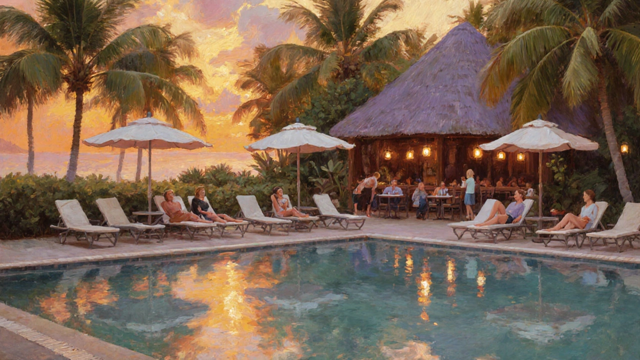 October poolside with few guests, golden light, and relaxed ambiance.