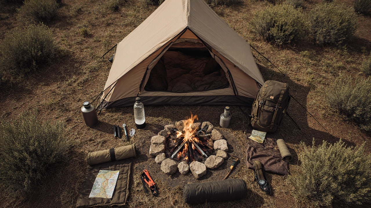 Overhead view of essential cowboy camping gear laid out on a natural ground.