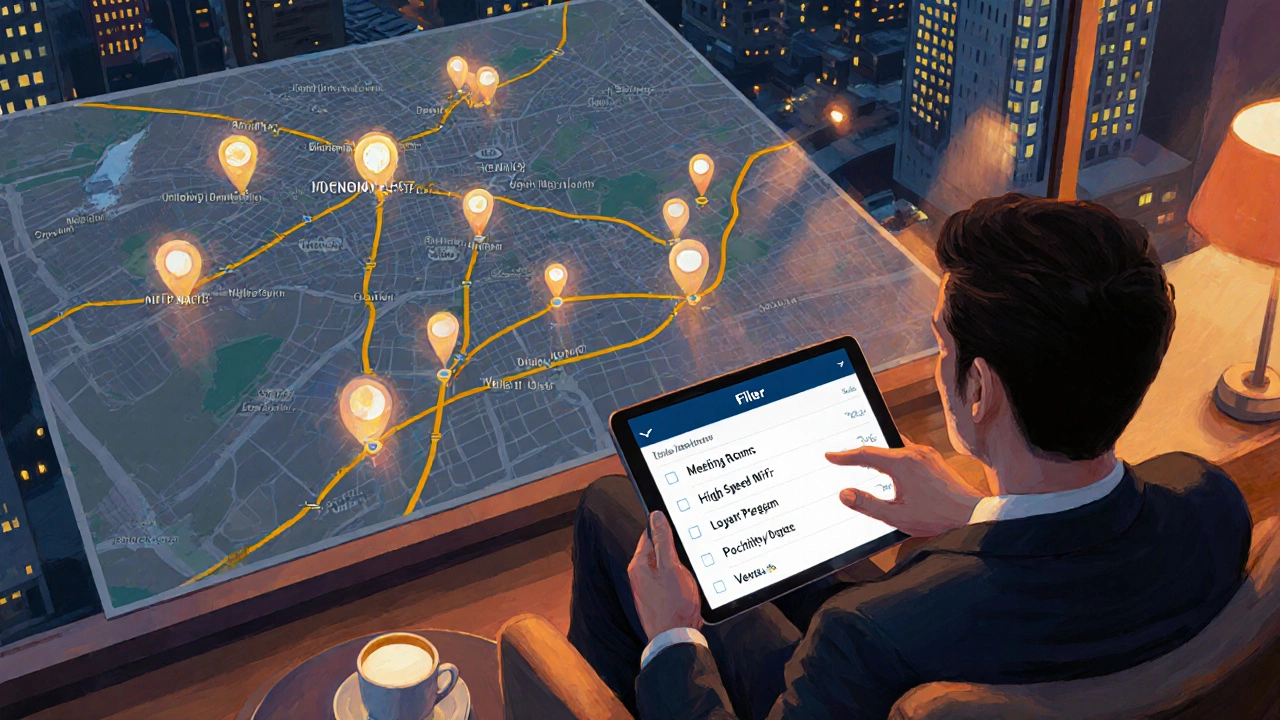 Painterly scene of a traveler using a tablet to choose a hotel near airport and conference center.