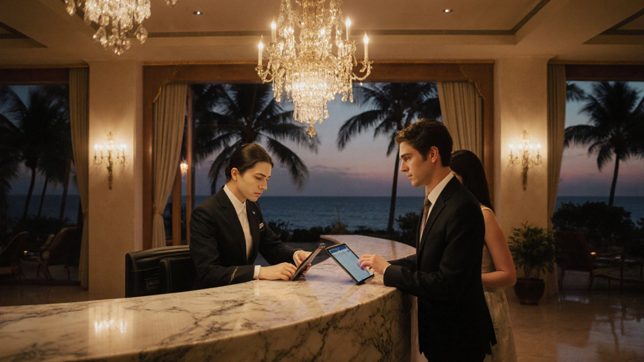 Resort staff verifying a passport at the front desk during check‑in.