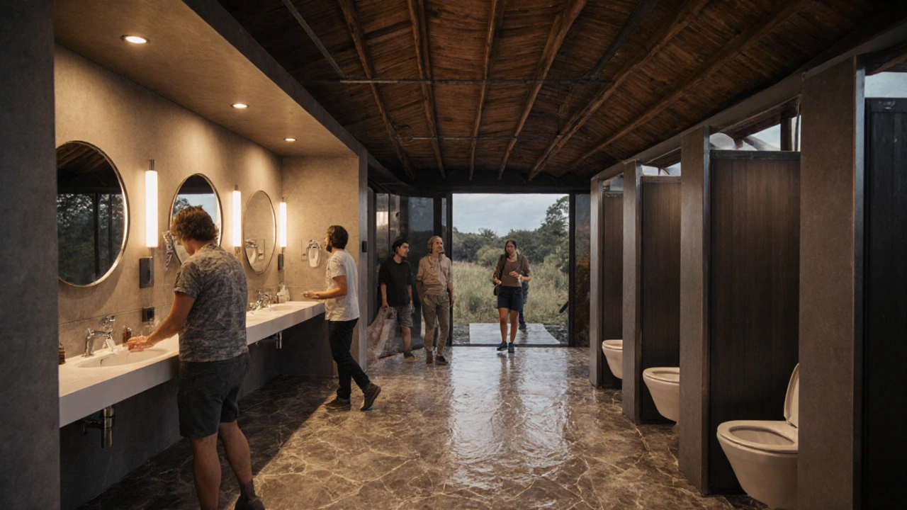 Shared bathroom block with multiple stalls and travelers at a glamping resort.