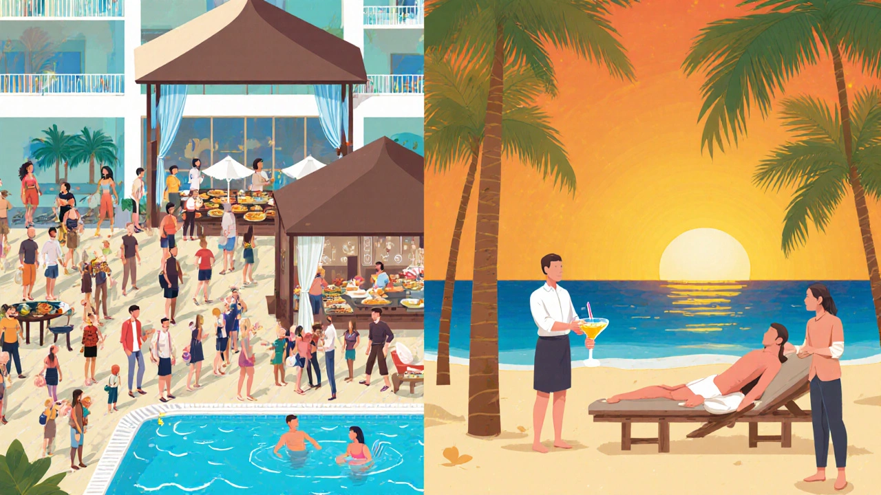 Side‑by‑side view of a crowded standard resort versus a quiet deluxe resort with spa and private cabana.