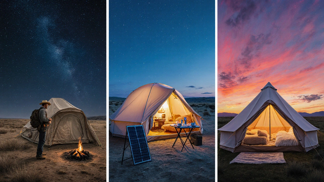 Split‑scene painting comparing cowboy camping, traditional camping, and glamping.