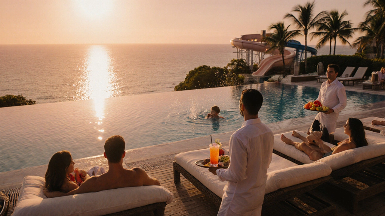 Sunset poolside view of guests enjoying an all‑inclusive resort.