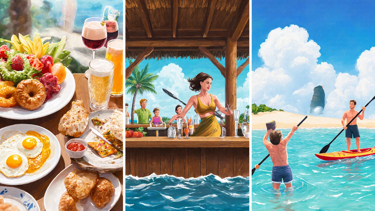 Three-part illustration of breakfast buffet, bar with drinks, and guests kayaking and doing yoga.