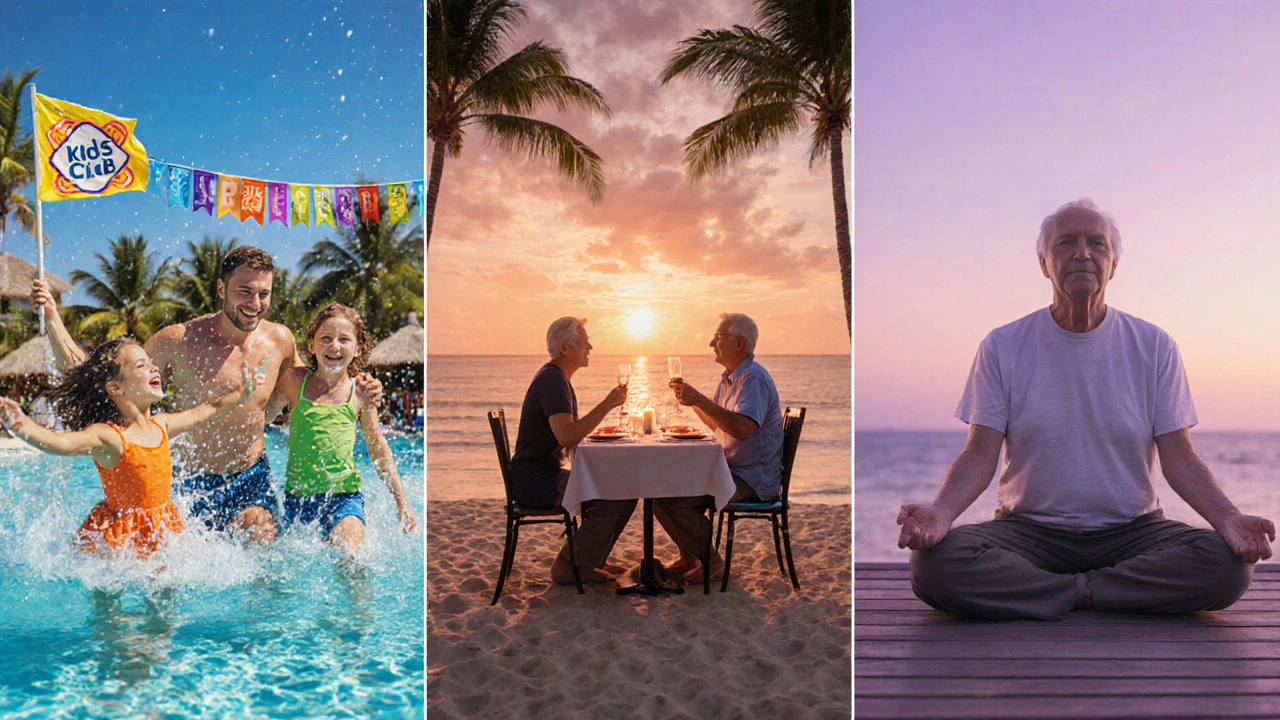Three scenes: family pool fun, couple beach dinner, retiree yoga at resort.