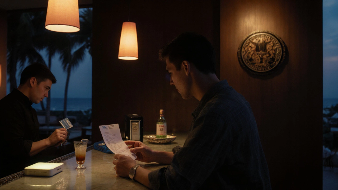 Traveler at a resort bar reviewing a receipt beside subtle fee symbols.