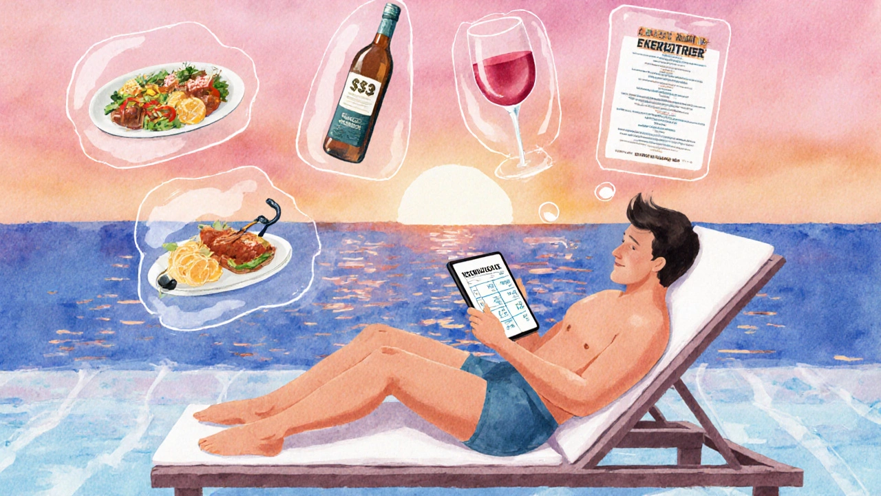 Traveler at poolside reviewing included meals and extra‑charge items.