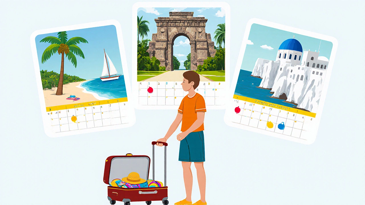 Traveler with suitcase beside icons of Caribbean, Mexico, and Mediterranean destinations.