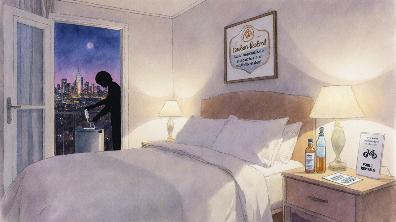 Watercolor bedroom scene with eco toiletries, carbon‑neutral badge, and guest using recycling bin.