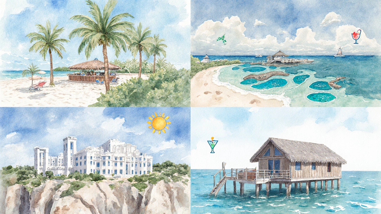 Watercolor collage of Caribbean, Mexican, Greek, and Maldives beach scenes.