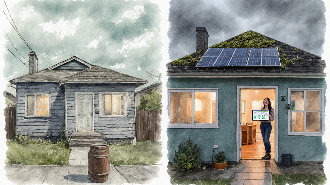 Watercolor of a Vancouver bungalow before and after retrofit with solar panels and green roof.