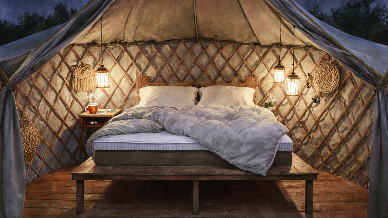 Yurt interior showing a raised platform with a plush mattress, soft lantern lighting, and tea on a bedside table.