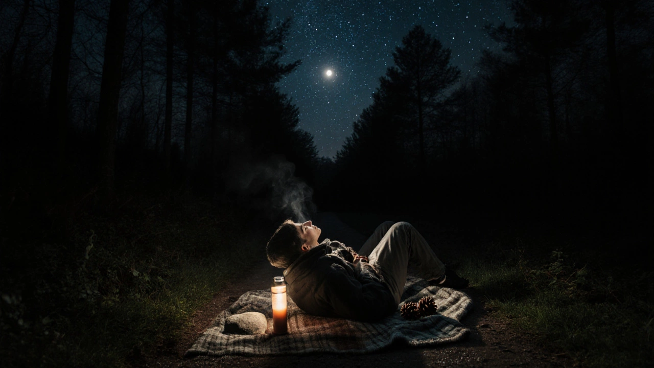 A couple lying on a blanket in a forest at night, holding hands under a star-filled sky.