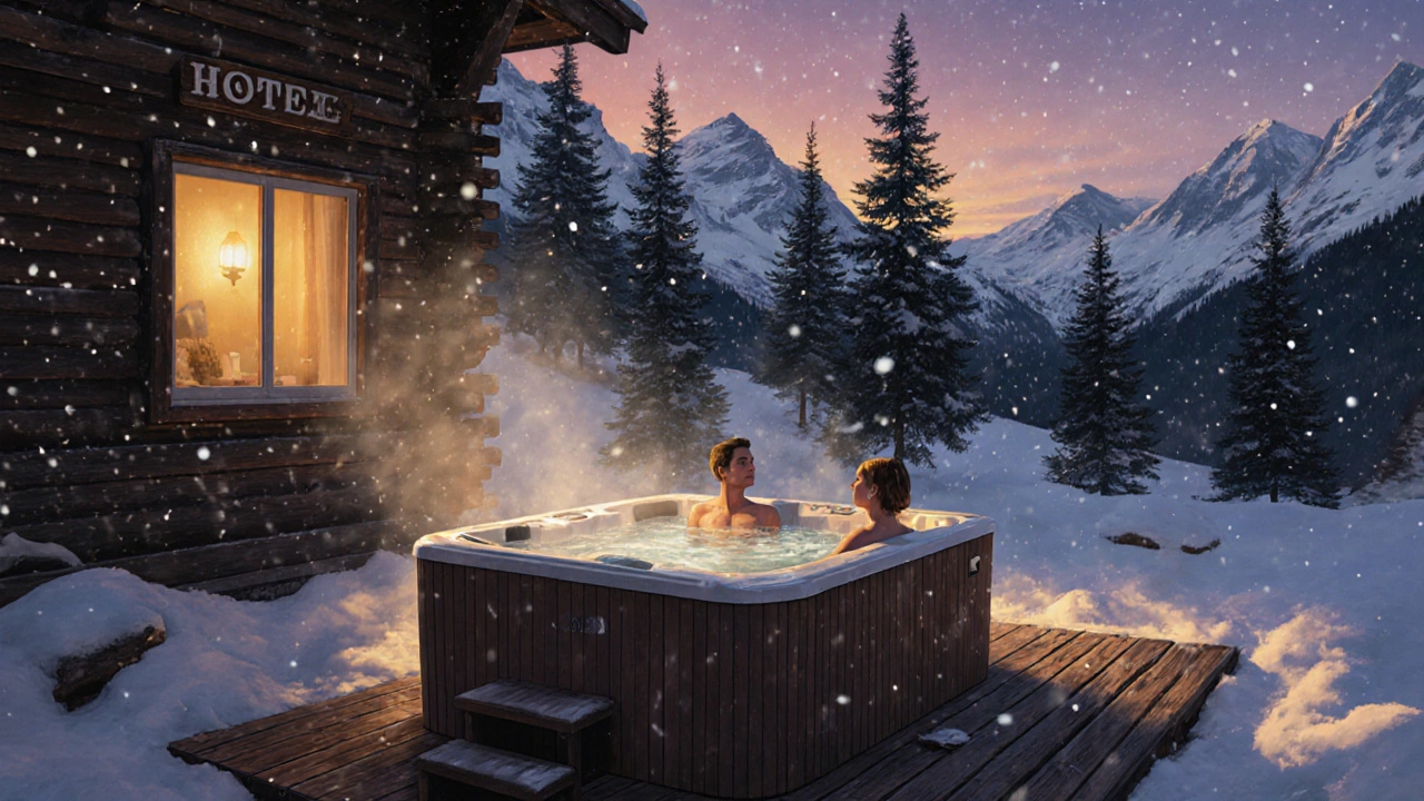 A couple soaking in an outdoor hot tub at a mountain lodge under a snowy twilight sky.