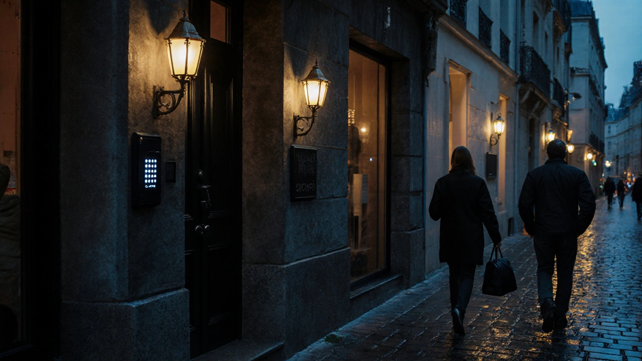 A discreet Parisian hourly hotel entrance at night with velvet walls and dim lanterns, couple approaching in shadow.