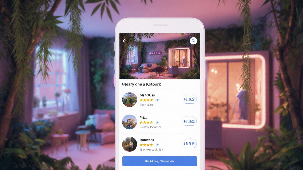 A jungle-themed love hotel room in Seoul with a karaoke booth, overlaid with a blurred app interface for booking.