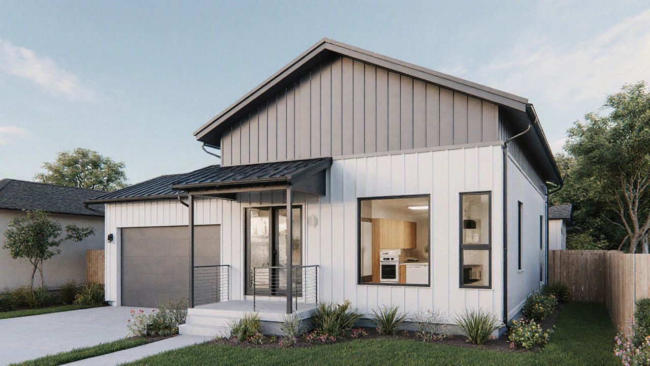 A modern small house with large windows and a metal roof in a tidy suburban yard.