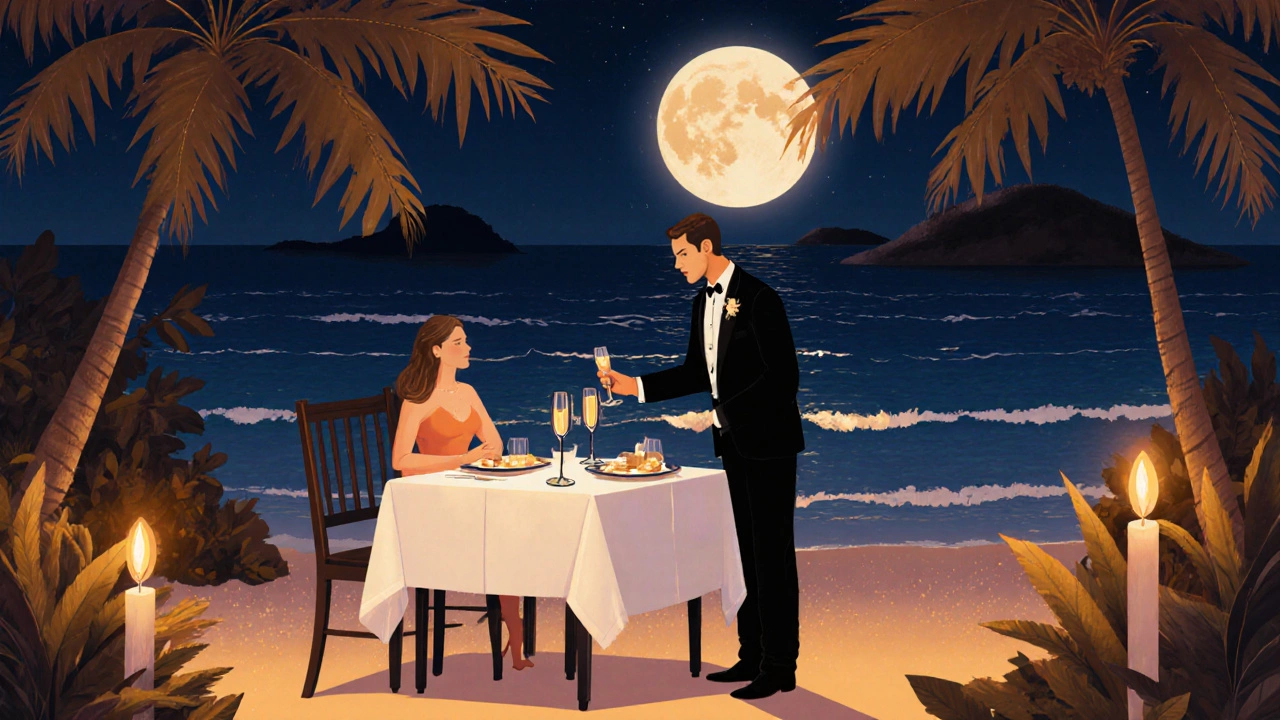 Candlelit beach dinner for a couple in Jamaica with a butler serving champagne under moonlight.
