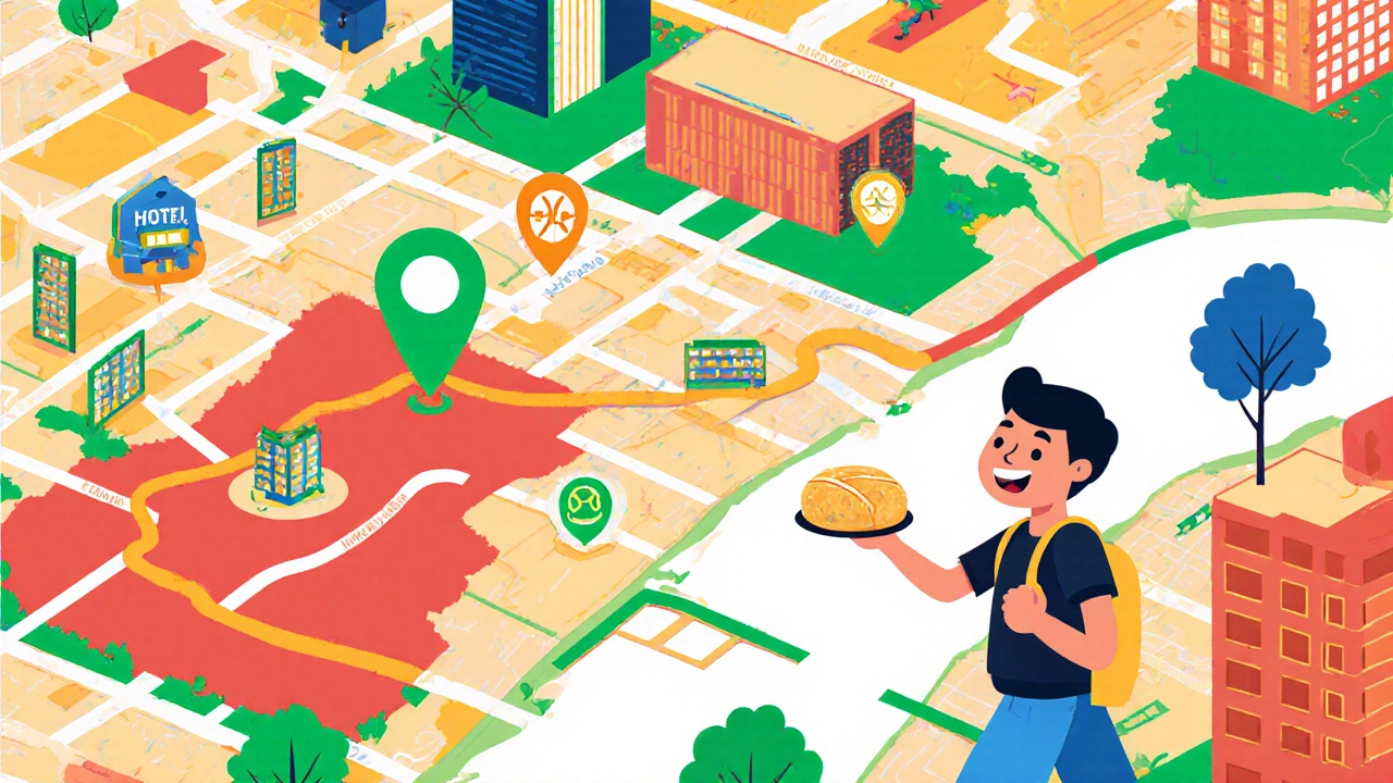 Colorful city map showing price difference between downtown and suburban hotels with metro line.