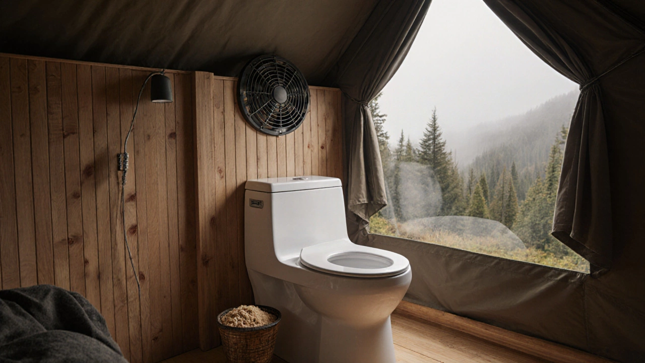 Composting toilet with coconut coir bin in a wooden glamping unit surrounded by forest.